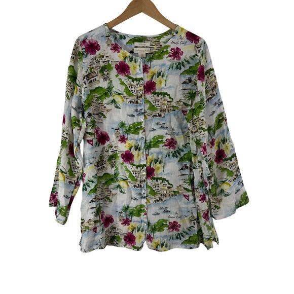 Cynthia Rowley Linen Tunic‎ Top Womens 1X Amalfi French Coast Print Button Front - Picture 1 of 7